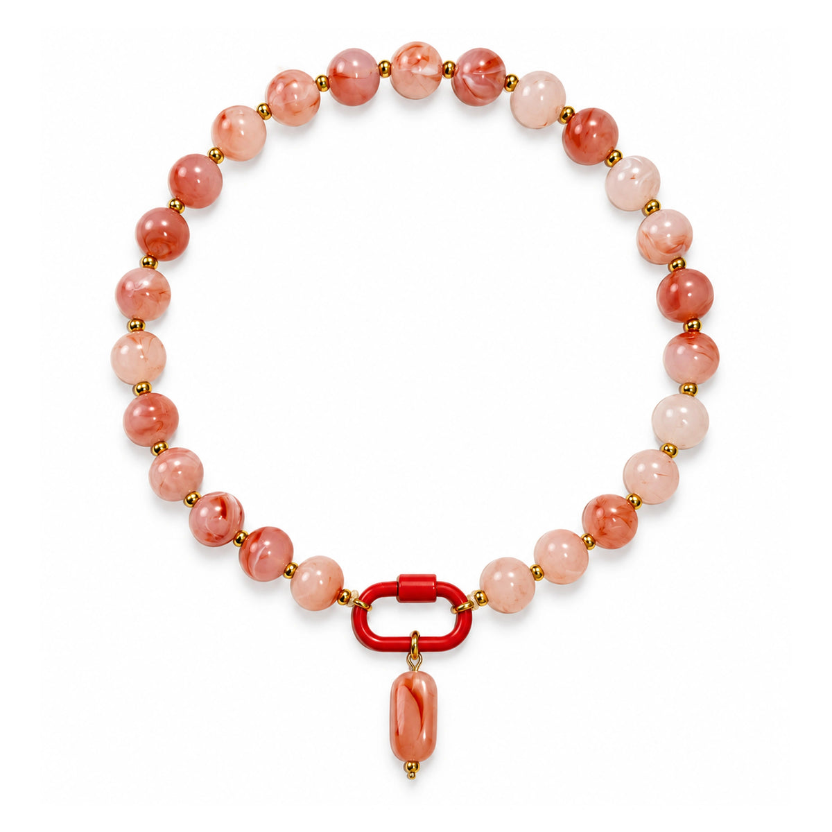 Coral pink and white acrylic beaded necklace with a pink oval pendant on a white background.