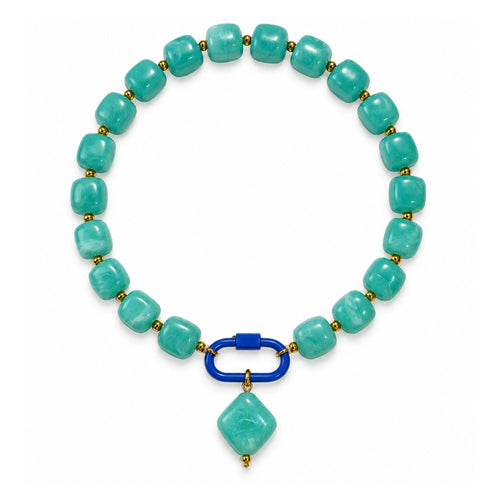 Turquoise blue acrylic beaded necklace with a turquoise-colored diamond pendant on a white background.