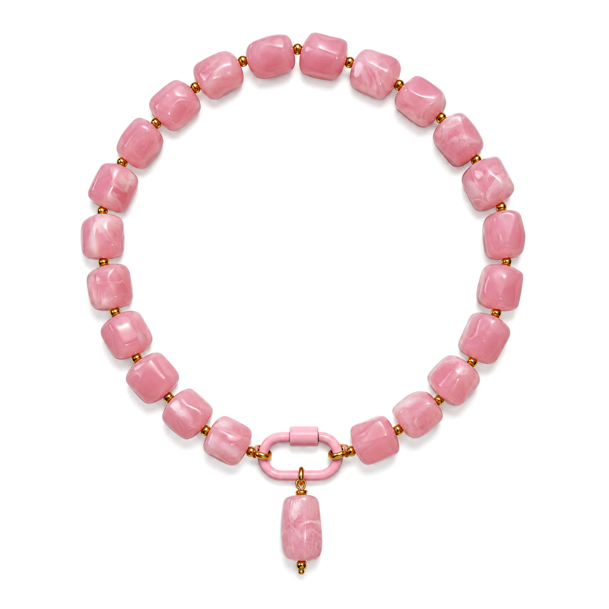 Pink acrylic beaded necklace with a pink oval pendant on a white background.