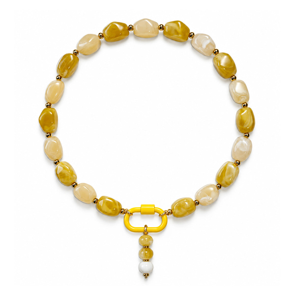 Yellow and cream acrylic beaded necklace with a yellow and white beaded drop pendant on a white background.