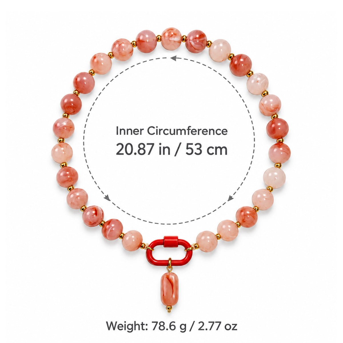 Coral pink and white acrylic beaded necklace size guide: length 53 cm / 20.87 in, weight 78.6 g / 2.77 oz.