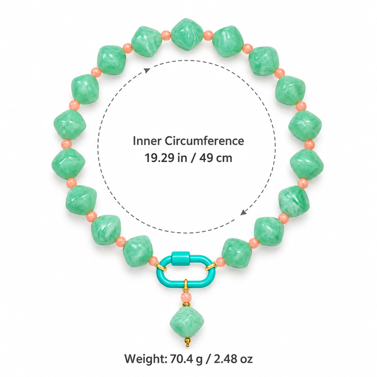Mint green with peach accents acrylic beaded necklace size guide: length 49 cm / 19.29 in, weight 70.4 g / 2.48 oz.