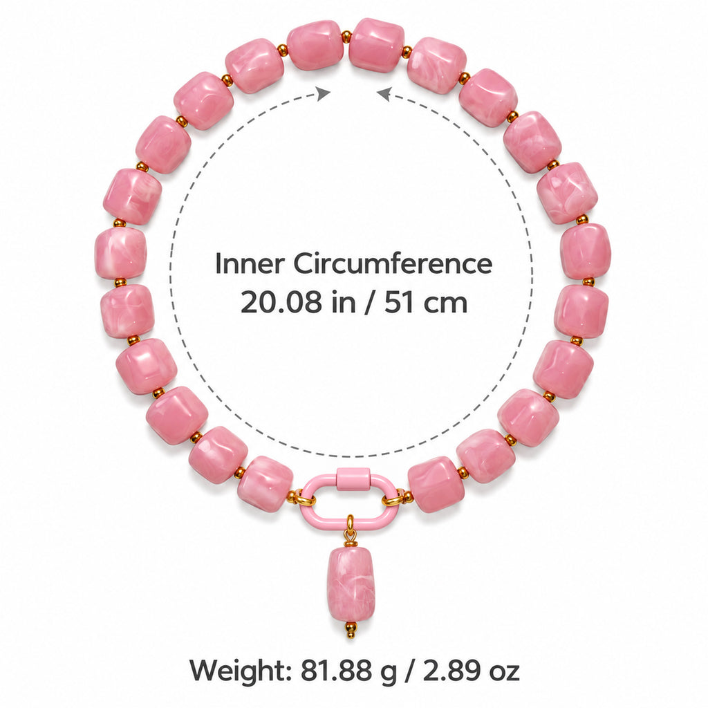 Pink acrylic beaded necklace size guide: length 51 cm / 20.08 in, weight 81.88 g / 2.89 oz.