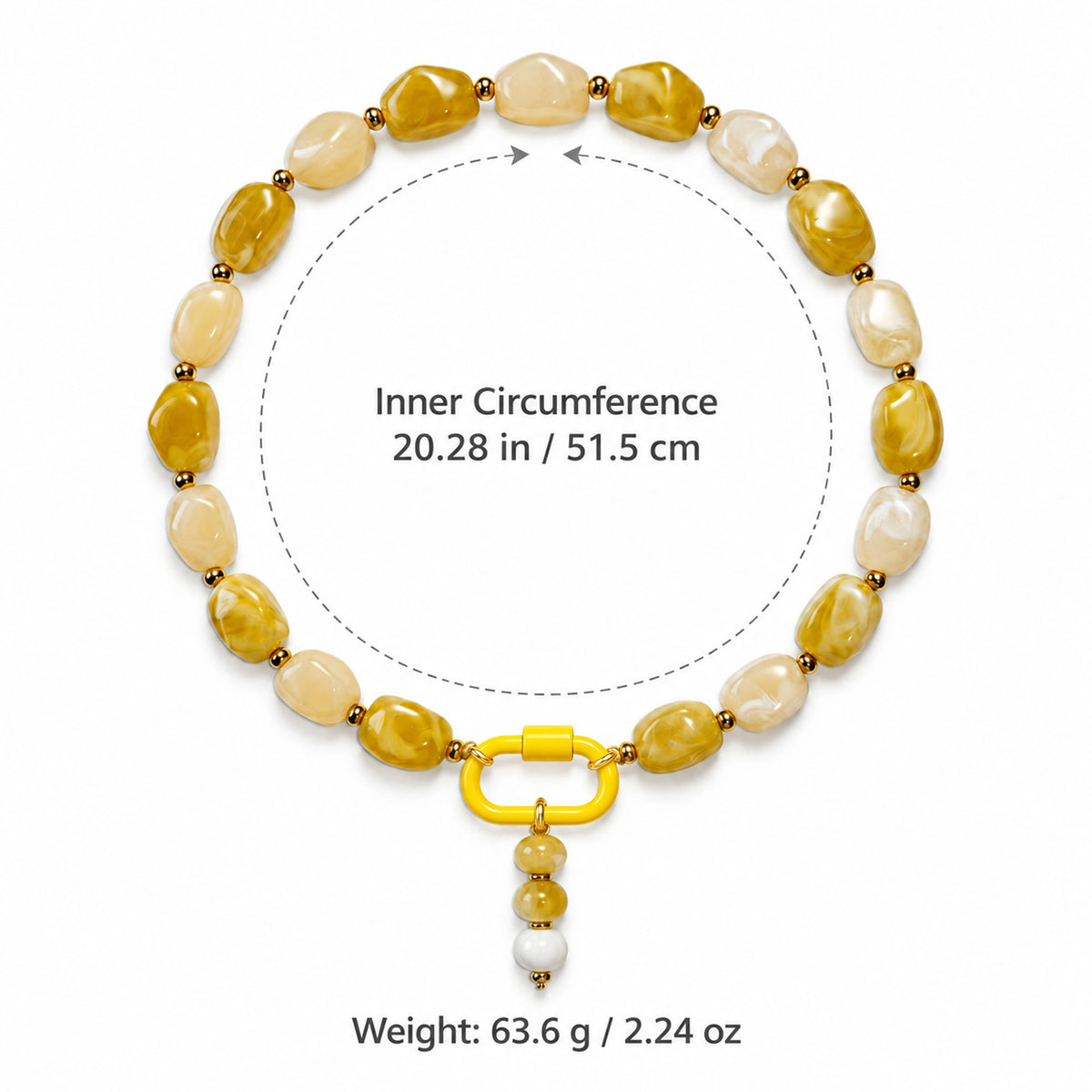 Yellow and cream acrylic beaded necklace size guide: length 51.5 cm / 20.28 in, weight 63.6 g / 2.24 oz.