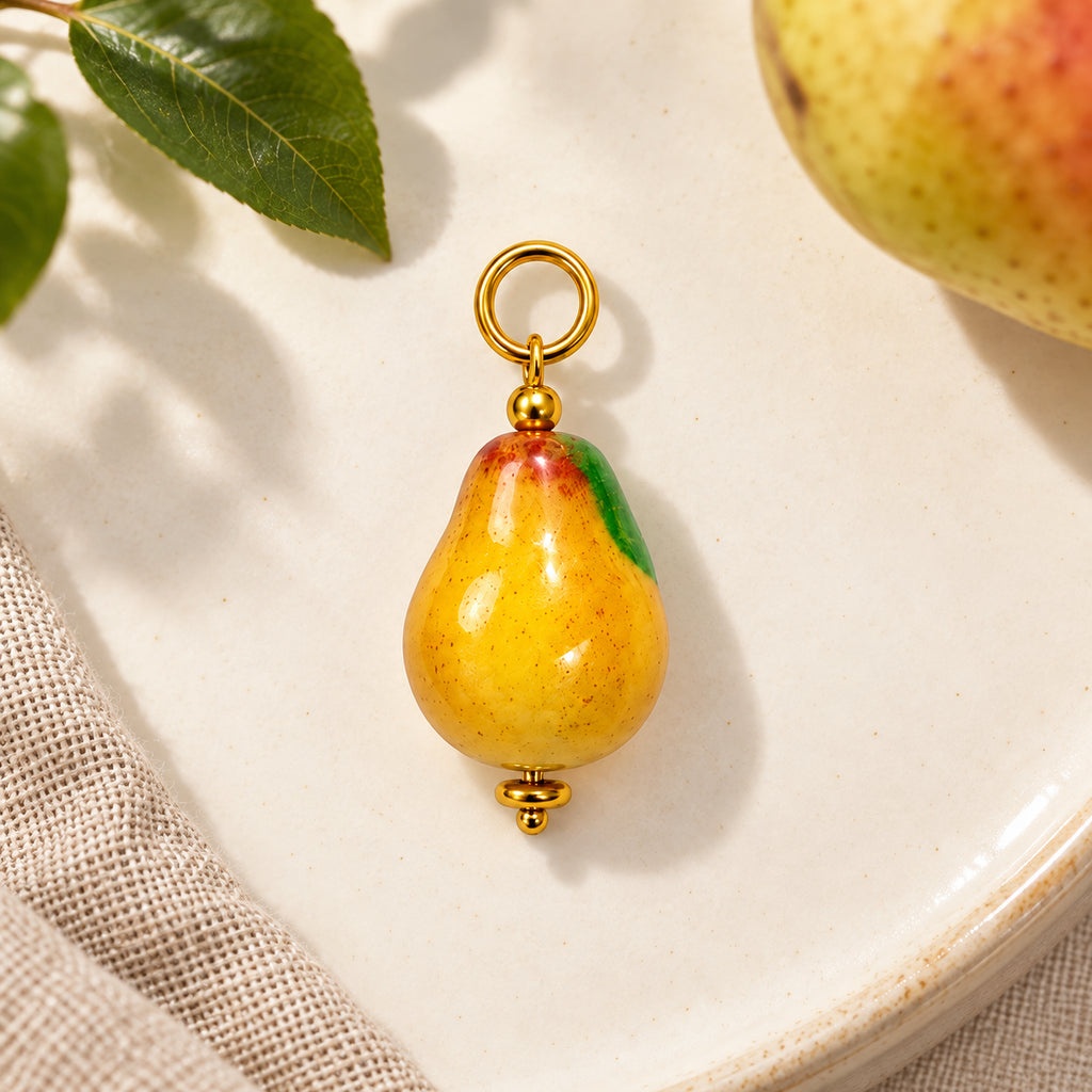 Golden Yellow Pear Acrylic Pendant styled on a neutral background