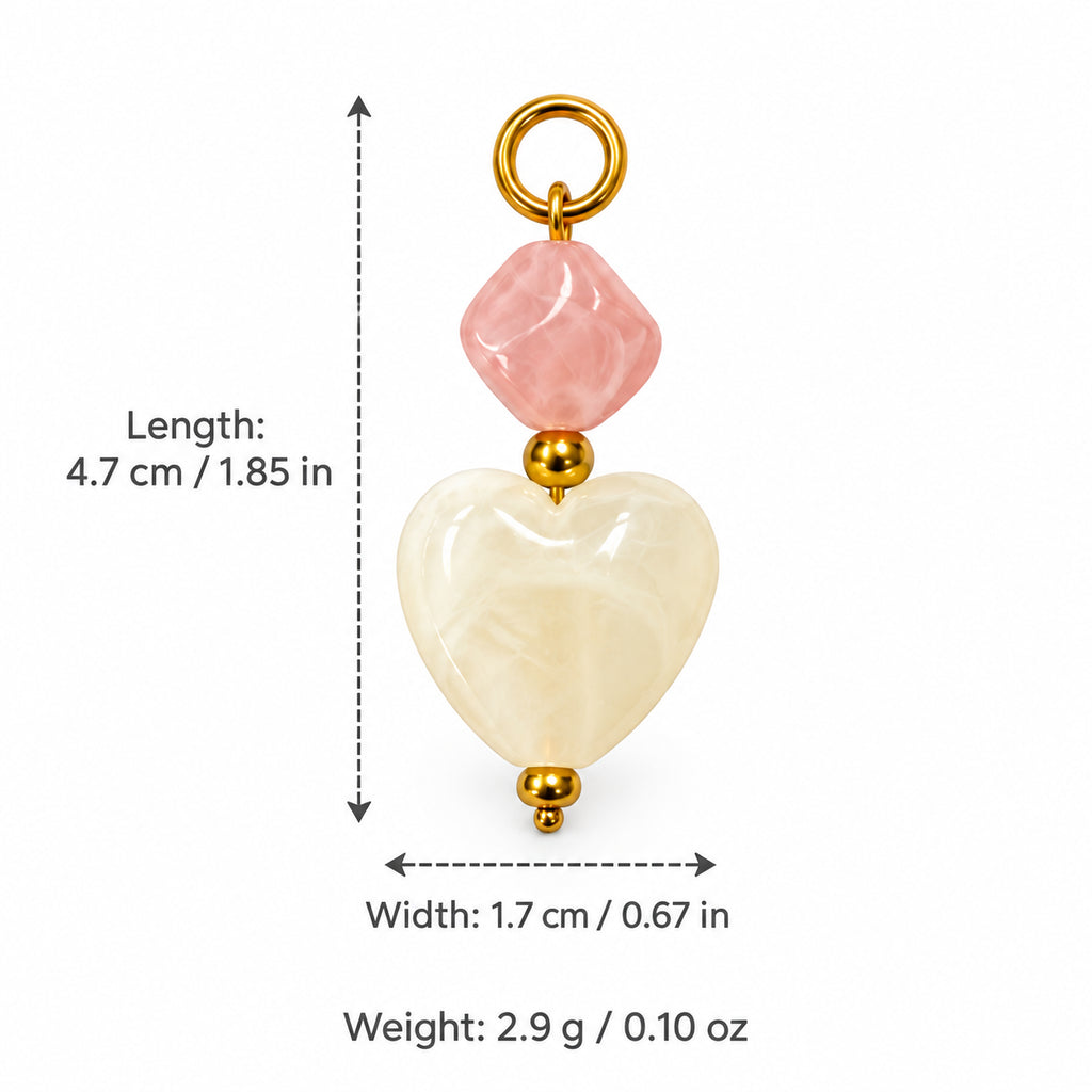 Pink and Cream Heart Acrylic Pendant with length and width measurements