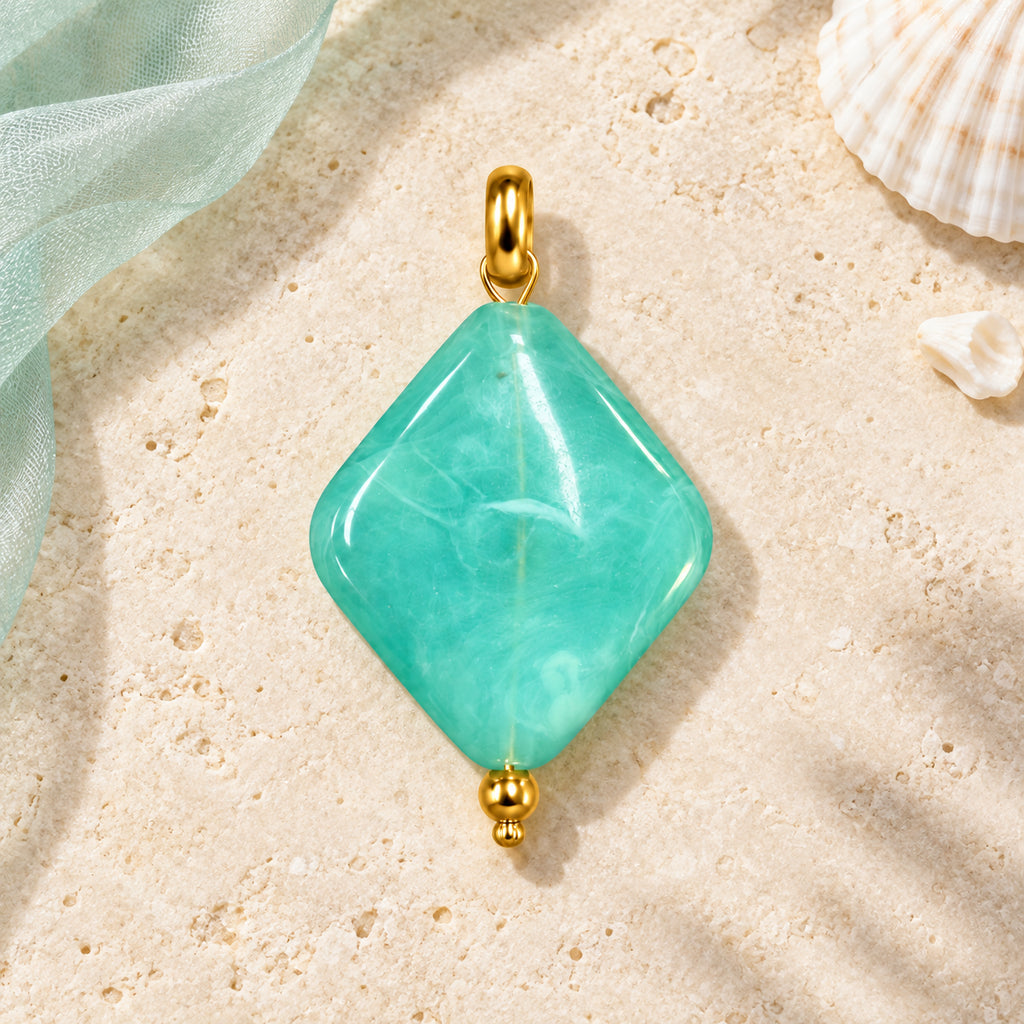 Turquoise Blue Diamond Acrylic Pendant styled on a neutral background